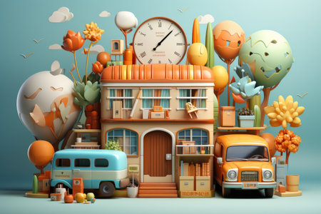 3d illustration of a school building and a school bus with a clockの素材