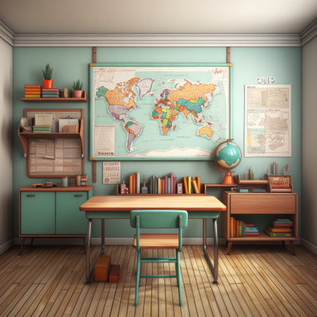 Interior of a childrens room with a desk and a mapの素材