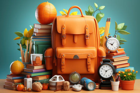 3d illustration of orange backpack with school supplies on a wooden tableの素材