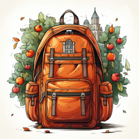 Backpack with apples in the forest. Vector illustration for your designの素材