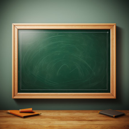 Empty green chalkboard with wooden frame and school supplies on wooden table. Mock up, 3D Renderingの素材