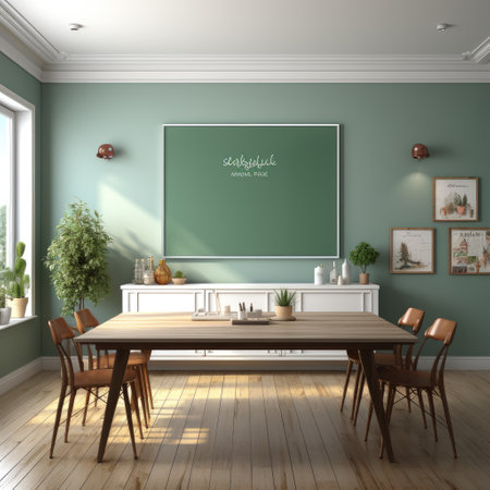 Interior of modern dining room with green wall, 3d renderの素材