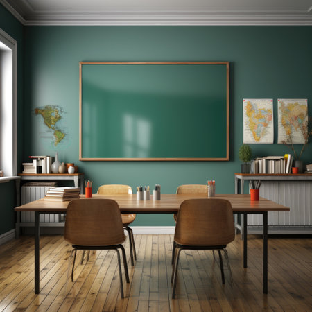 Interior of modern dining room with green walls, wooden floor, long wooden table with chairs and blackboard. 3d renderの素材