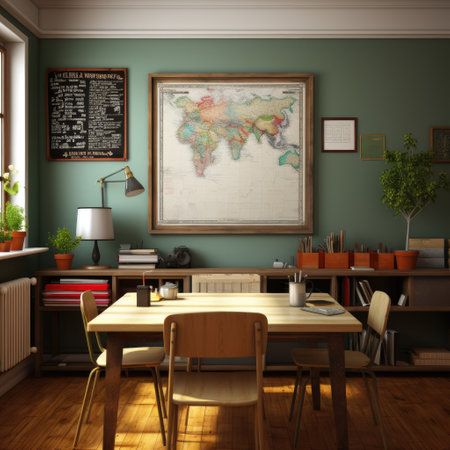 Interior of a cafe with a map on the wall. 3d renderingの素材