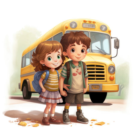Two kids near school bus. Back to school concept. Vector illustrationの素材