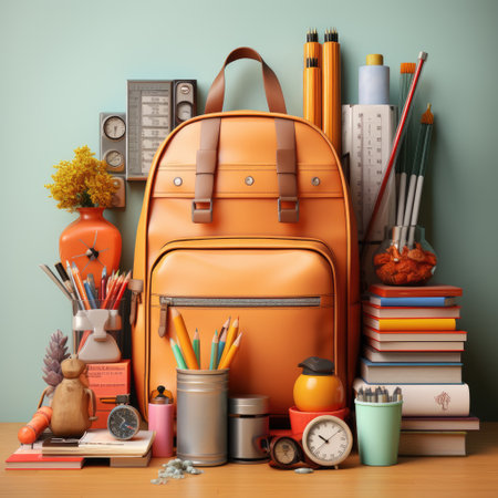 School backpack with stationery on a wooden table. 3d renderingの素材