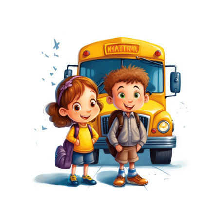 Cartoon school kids standing next to school bus on white background illustrationの素材