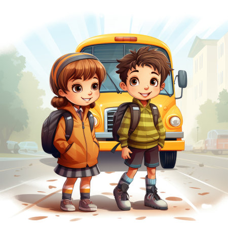 Two boys and girl going to school on the road with school bus illustrationの素材