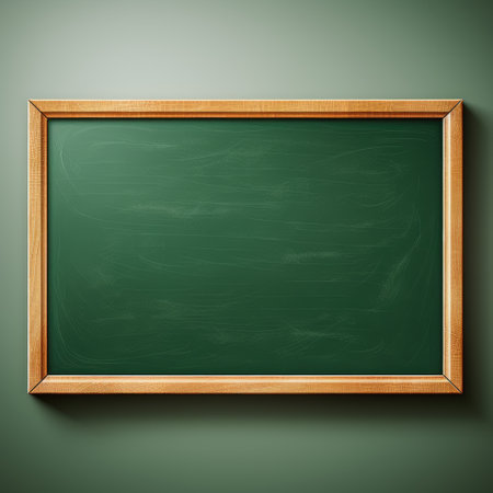 Green chalkboard with wooden frame on green background. Vector illustration.の素材