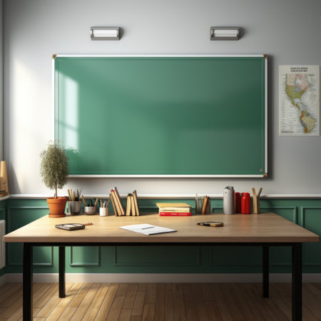Interior of modern classroom with green chalkboard and wooden table. 3d renderの素材