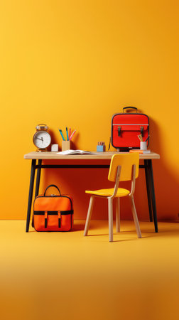3d render of a school desk with stationery and a backpackの素材