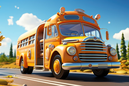 School bus on the road. 3D illustration. Copy space.の素材