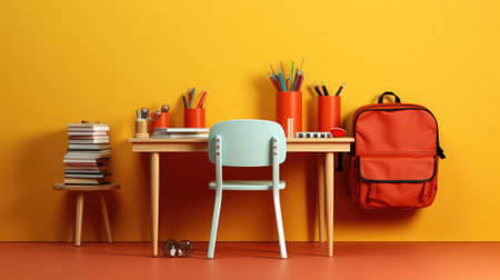 School desk with backpack, books and stationery on orange wall backgroundの素材