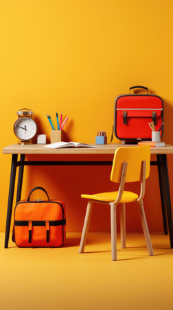 3d render of a desk with a schoolbag and stationeryの素材