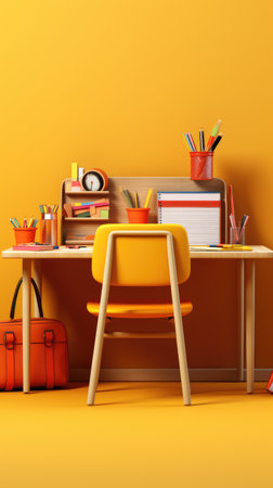 3d illustration of school desk with stationery and chair against yellow wallの素材