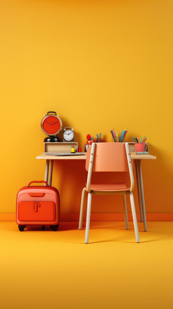 3d render of school desk with books and stationery in orange roomの素材