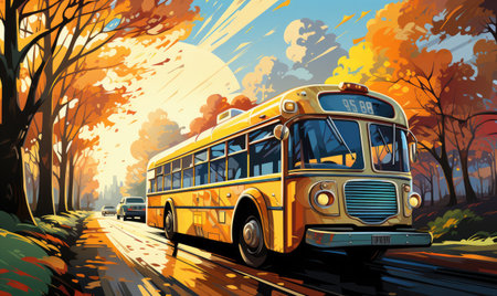 School bus on the road in autumn. Vector illustration for your designの素材