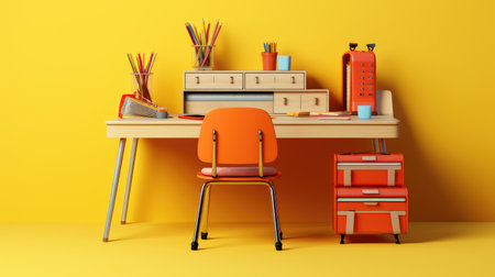 3d illustration of an orange office interior with a desk, chair and stationeryの素材