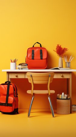 School desk with backpack and stationery on yellow background. Back to school conceptの素材
