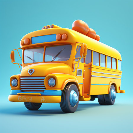 Yellow school bus on blue background with shadow 3d render concept illustrationの素材