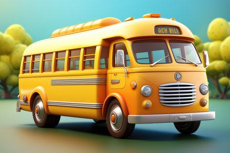 Yellow school bus on blue background. 3D illustration. Vintage style.の素材