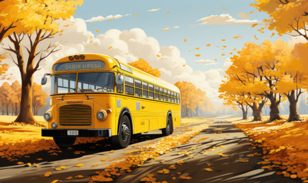 School bus on the road in the autumn park. Vector illustration.の素材