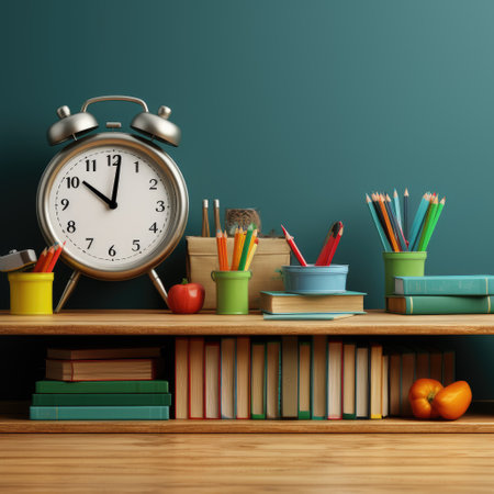Bookshelves with alarm clock and school supplies. 3d renderの素材