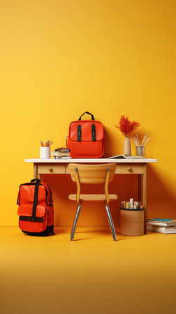 School desk with backpack and stationery on yellow background. 3d renderの素材