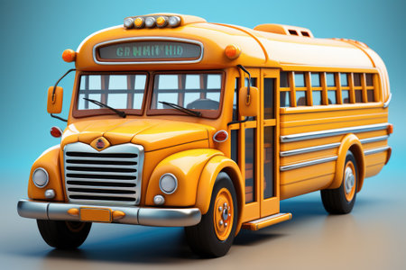 Yellow school bus on a blue background. 3d rendering. Front view.の素材
