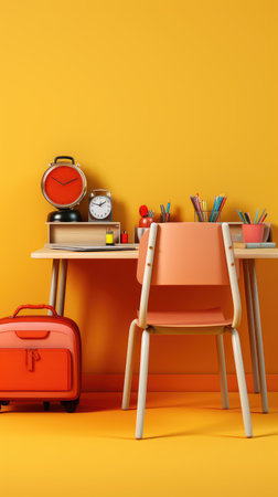 3d render of school desk with stationery and alarm clock on yellow backgroundの素材