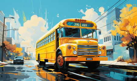 yellow school bus on the road in front of the city. illustrationの素材