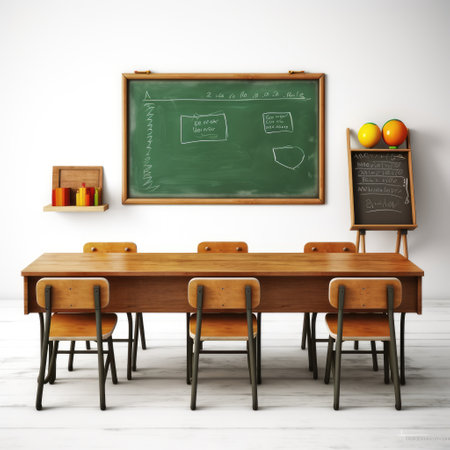 Classroom interior with school supplies and chalkboard. 3d renderの素材