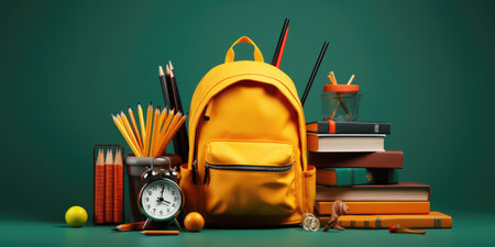 School supplies on green background. Back to school concept. 3D Renderingの素材