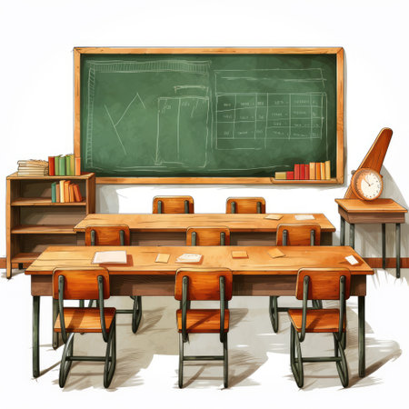 Classroom with desks, chairs and blackboard, vector illustration.の素材