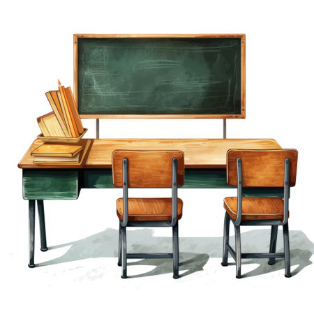 Back to school. Chalkboard, desk and chairs. Vector illustration.の素材