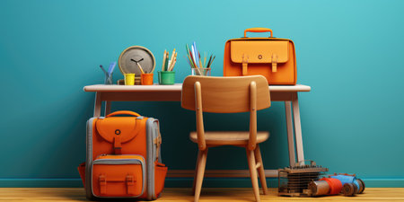 School supplies on a desk in front of a blue wall - 3D renderの素材