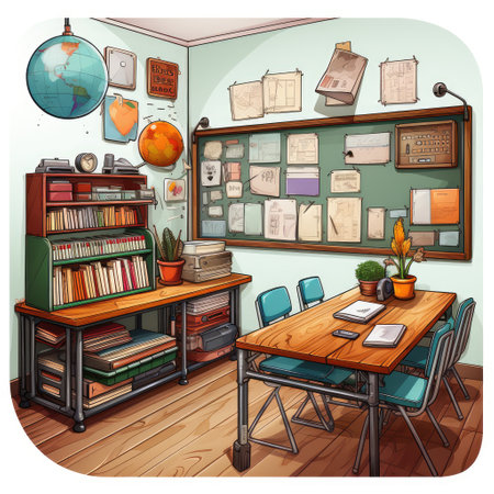 Illustration of a desk with books and various items in a classroomの素材