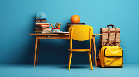 School desk with yellow chair, backpack and books. 3d renderの素材