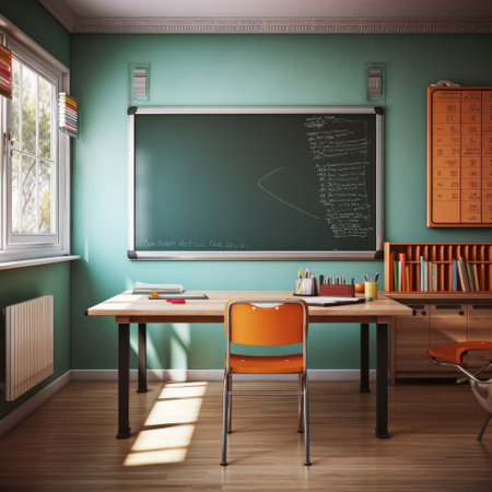 Interior of a school classroom with a blackboard. 3d renderingの素材