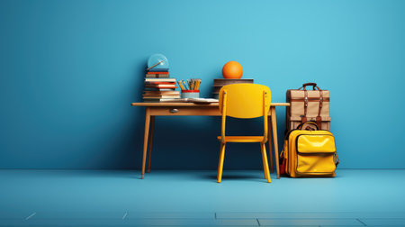 School desk with books and schoolbag on blue wall background. Back to school concept. 3D Renderingの素材