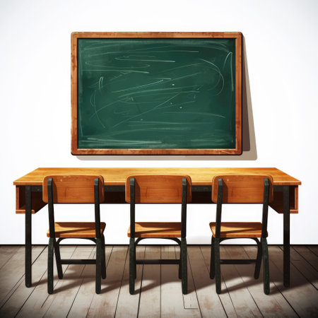 Classroom interior with chairs and chalkboard. 3d render.の素材