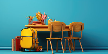 School interior with school supplies and chairs. Back to school concept. 3D Renderの素材