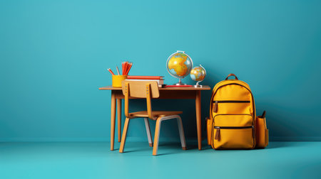 School desk with backpack and globe on blue wall background. Back to school concept. 3D Renderingの素材