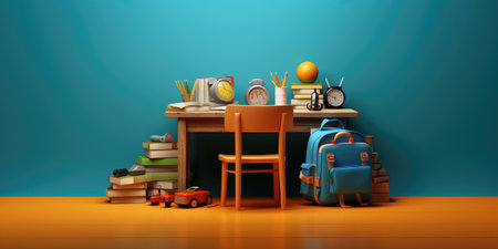 school desk with books and school supplies, 3d illustration, horizontalの素材