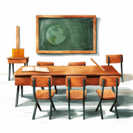 Classroom with desks and chairs. Vector illustration of a school classroom.の素材