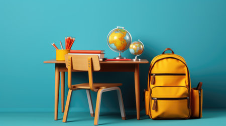 Back to school concept with school supplies and backpack on blue background. 3D Renderingの素材