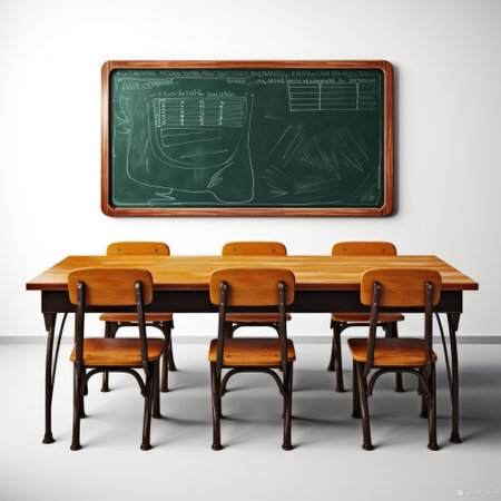 Classroom with wooden chairs and blackboard. 3D illustration.の素材