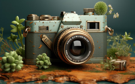 Vintage camera and succulents on the map. Travel conceptの素材