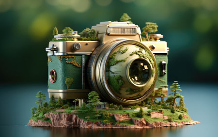 Vintage camera on a green background. 3d render illustration.の素材