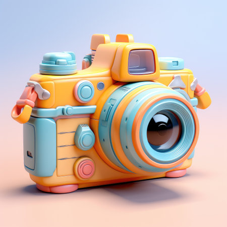 Retro camera isolated on blue background. 3d render. Retro camera.の素材